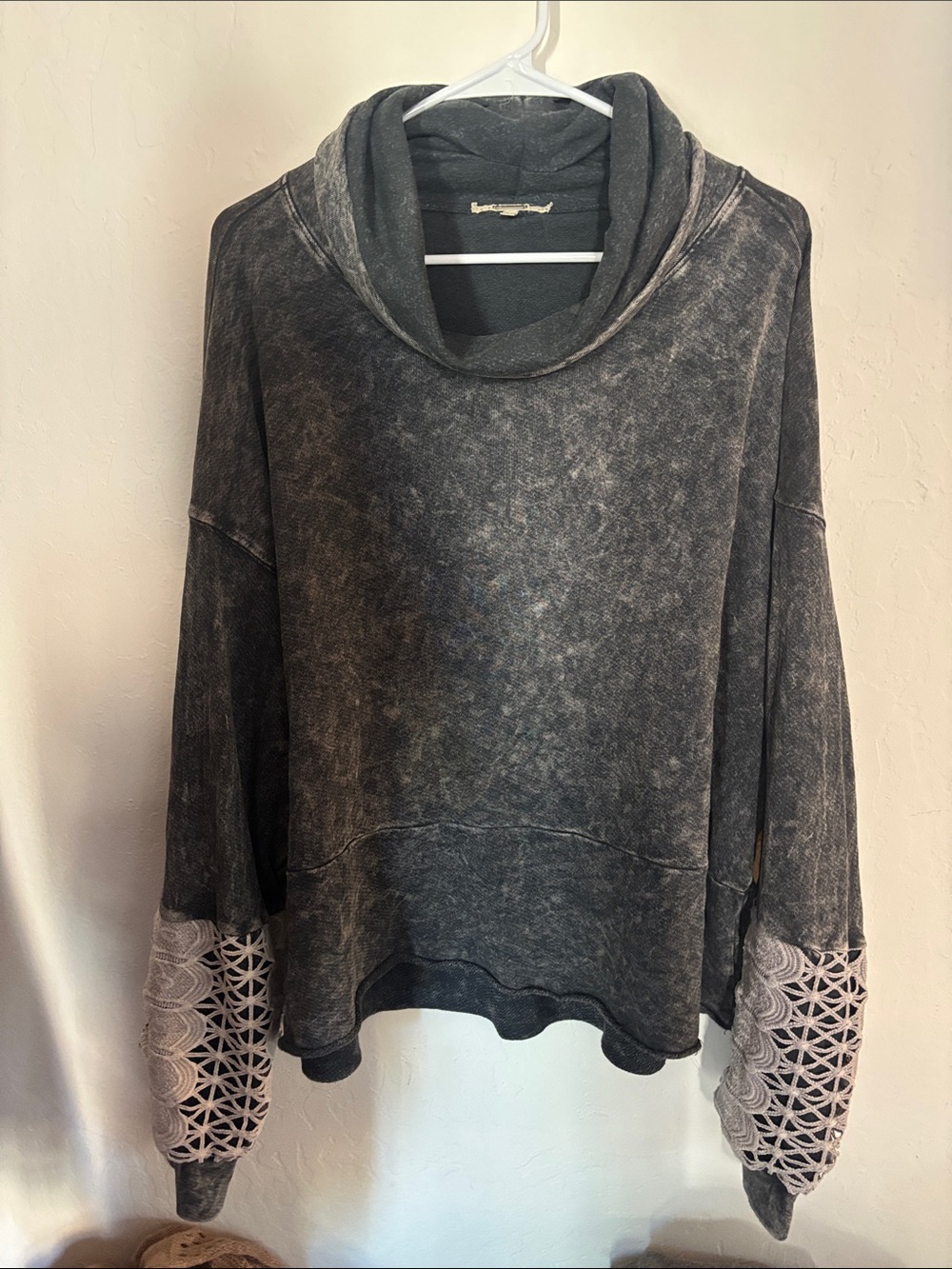 gimmicks Washed Black Cowl Neck Sweatshirt with Lace Sleeve Panels